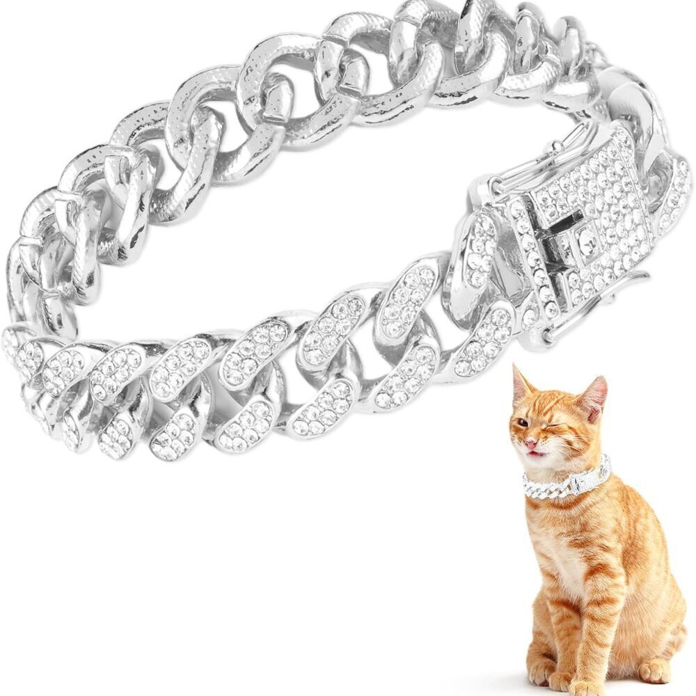 Cat Chain Collar, Diamond Cuban Link Kitten Walking Collar with Secure Buckle 12